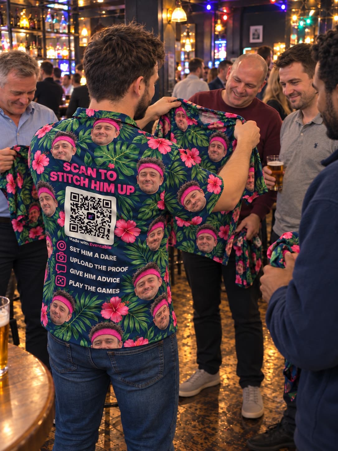 The best man showing the genuine print-kit QR artwork on his stag-party shirt