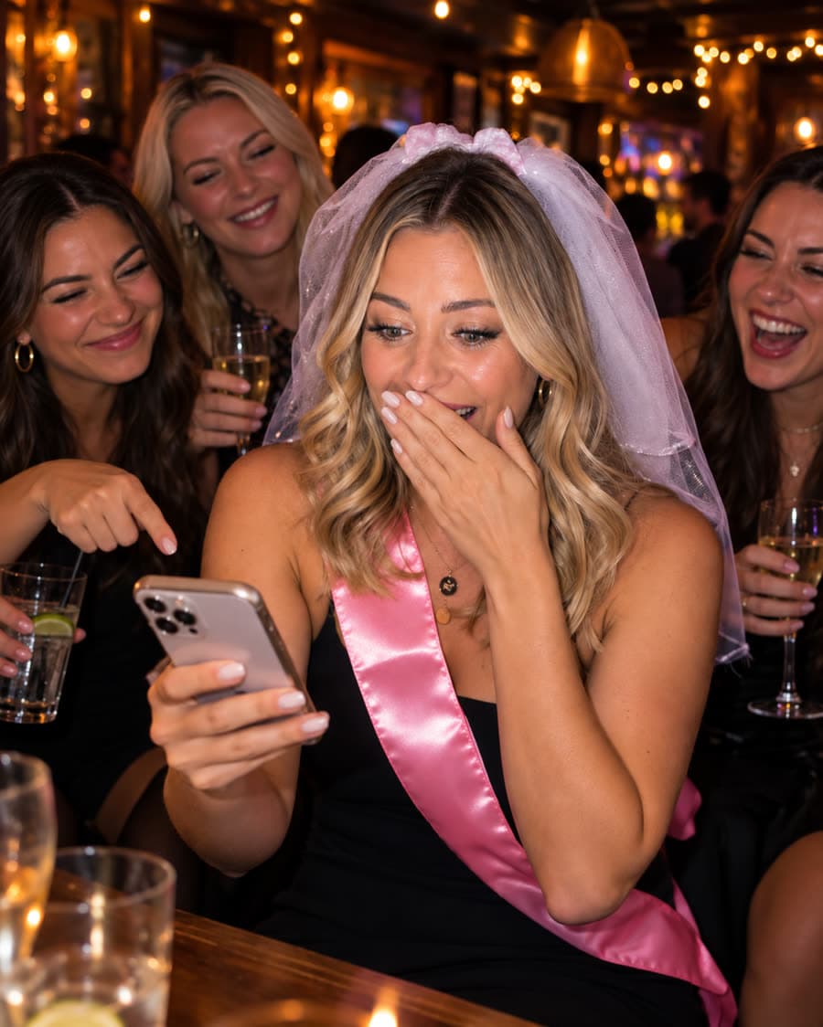 A bride in a veil and pink sash gasping at her phone while her friends laugh and point