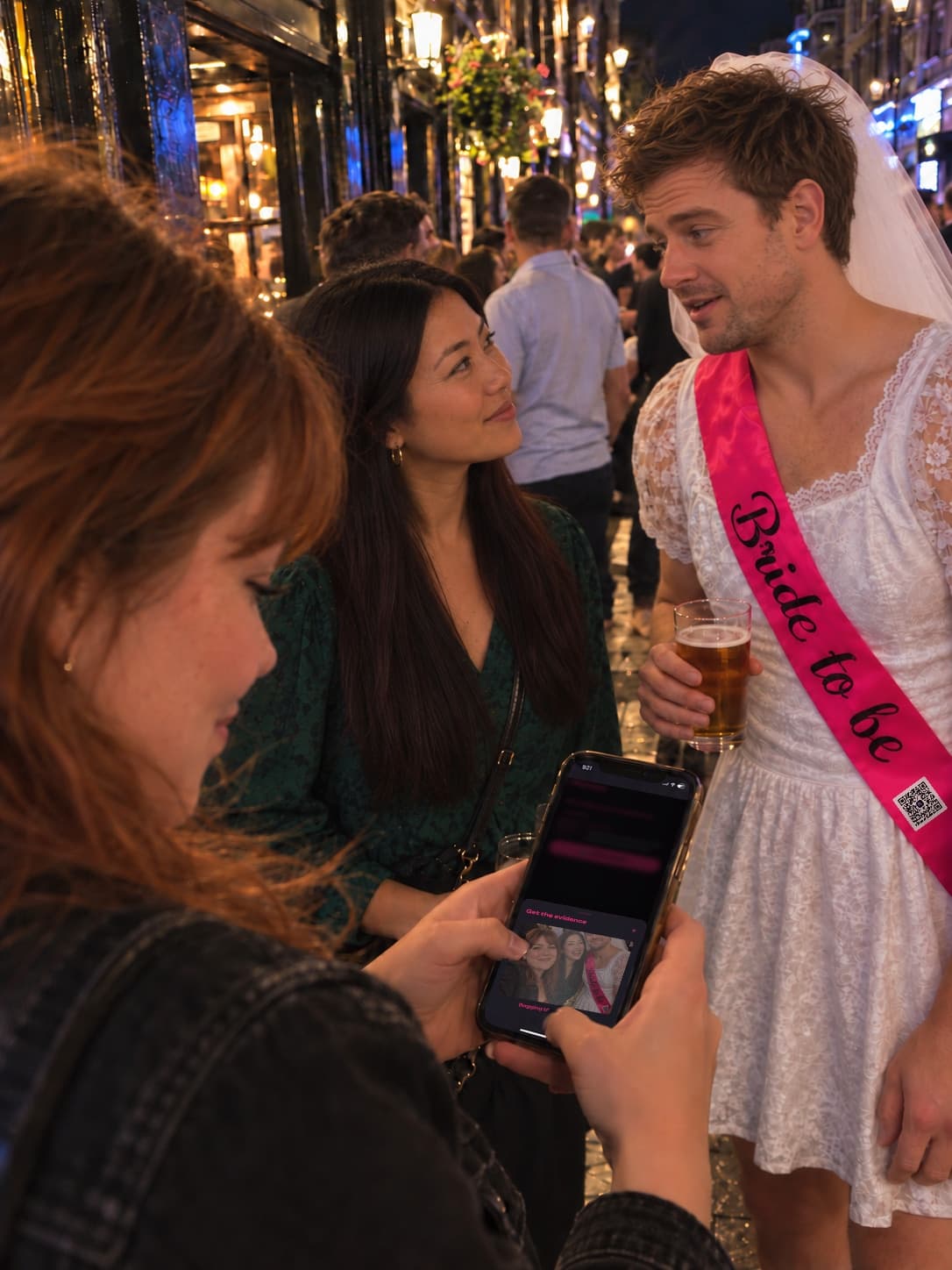 A guest from the bar uploading her selfie with Dave to the fictional stag site