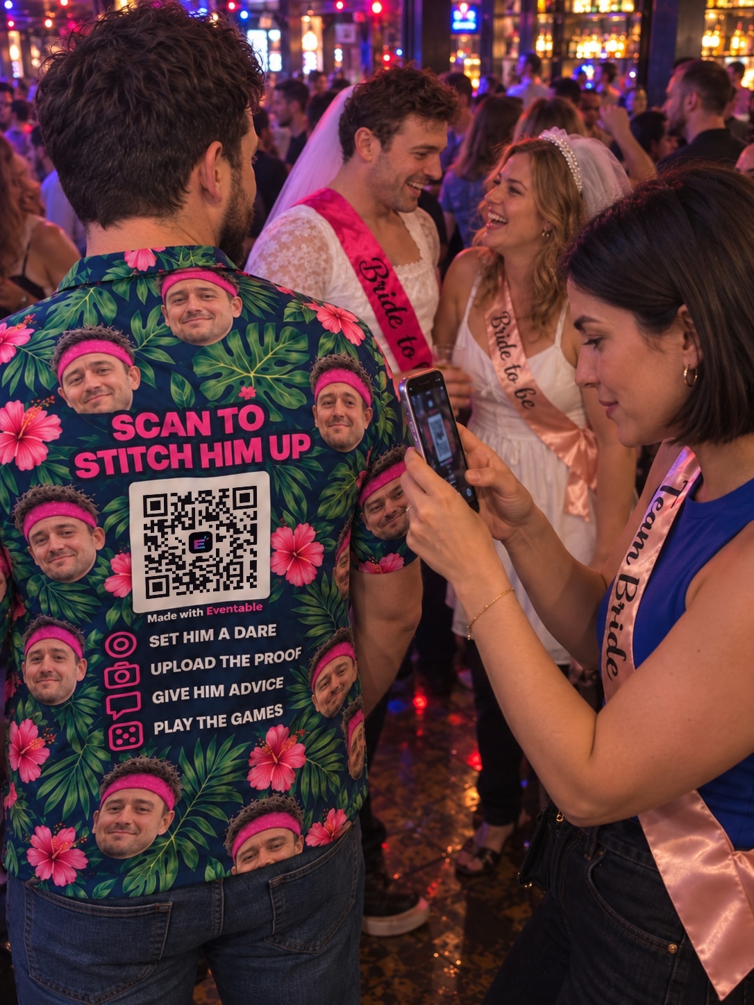 A hen scanning the QR on a stag-party shirt
