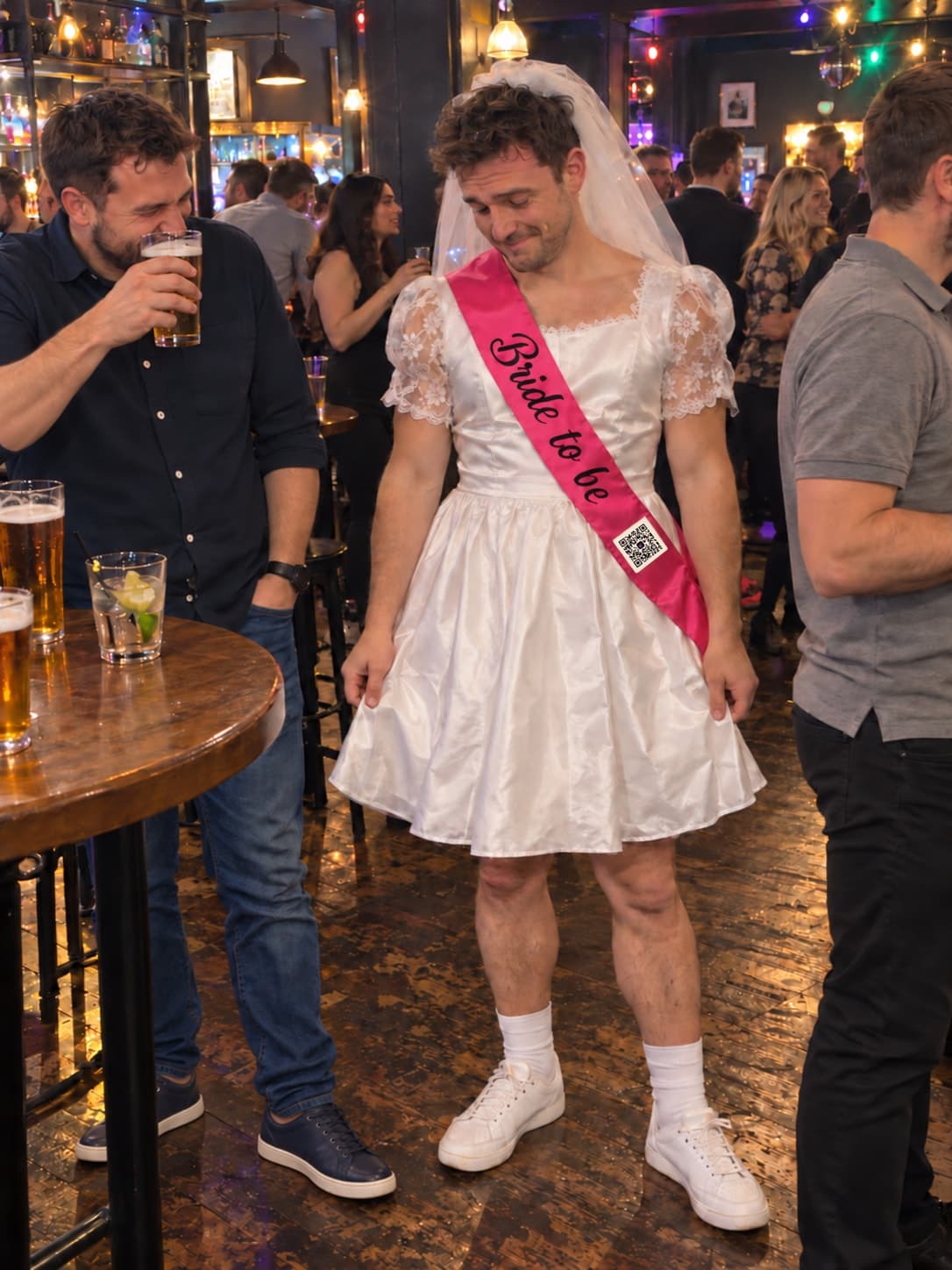 Dave in his bridal stag outfit beside his mates